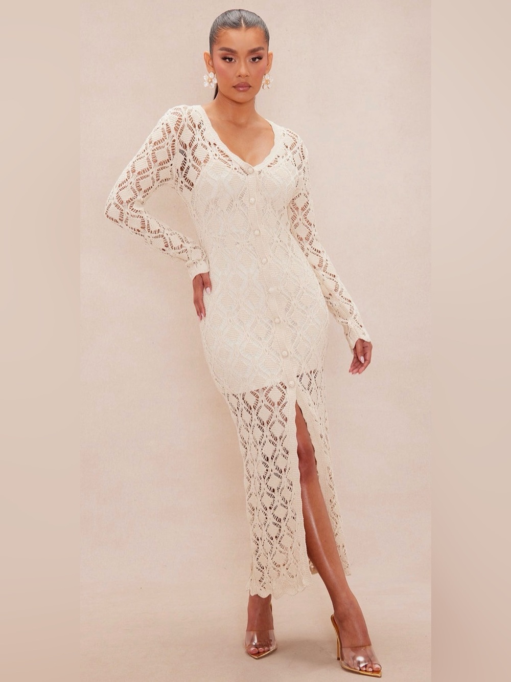 Fashion Nova Luxe Caterina Cream Crochet Maxi Dress with Front Slit-Large NWT🔥 - Picture 1 of 6